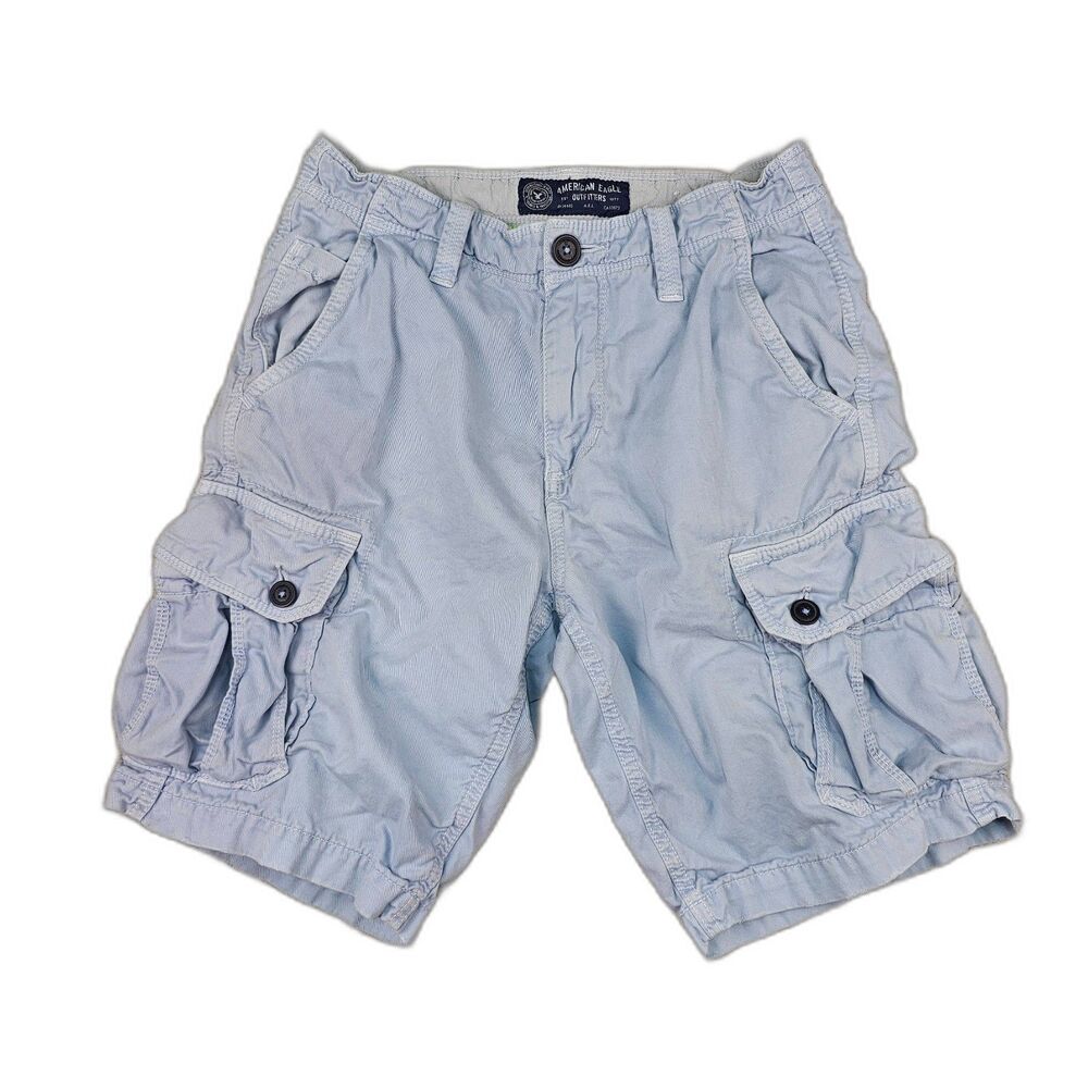 American Eagle Men's Classic Cargo Shorts - Size 28 - Light Blue Seersucker